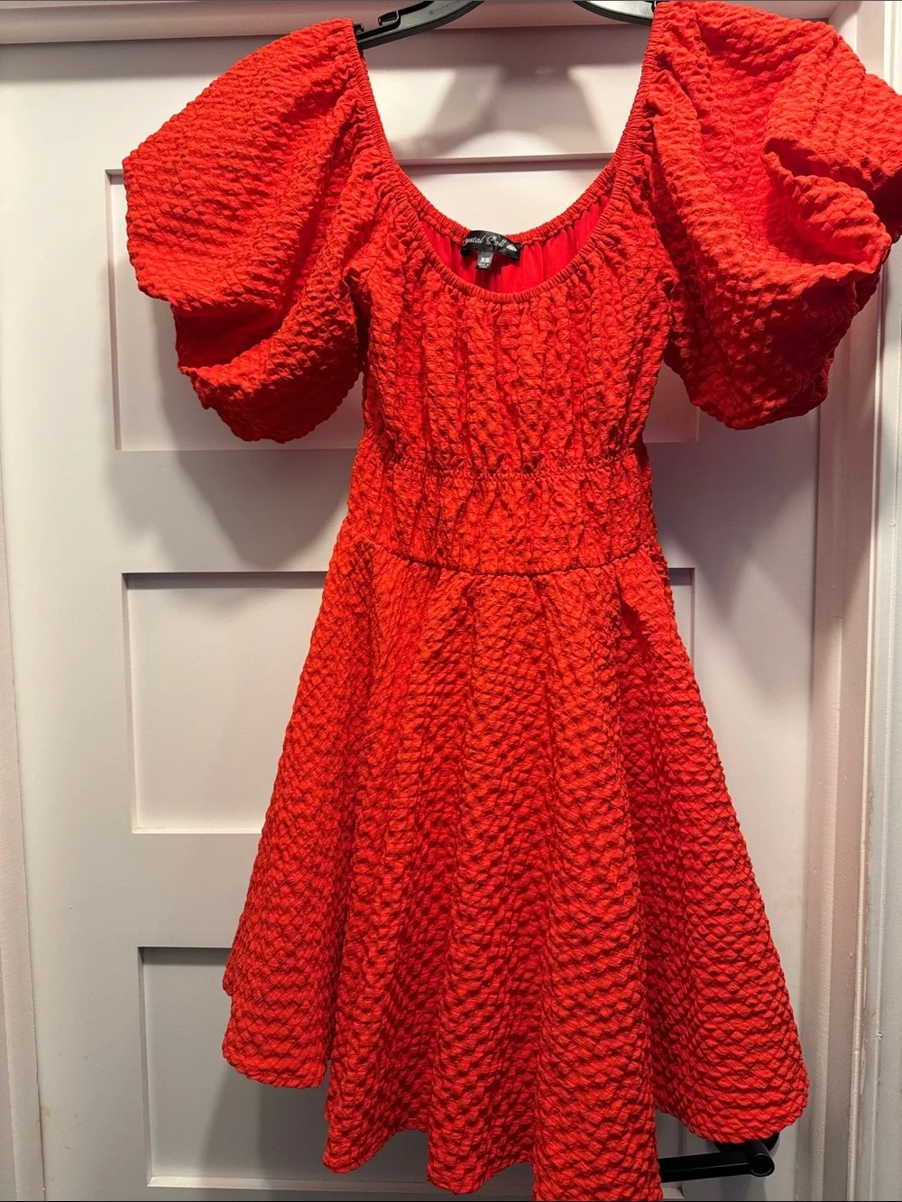 Crystal Doll Vibrant Red Textured Puff-Sleeve Mini Dress - Picture 2 of 8